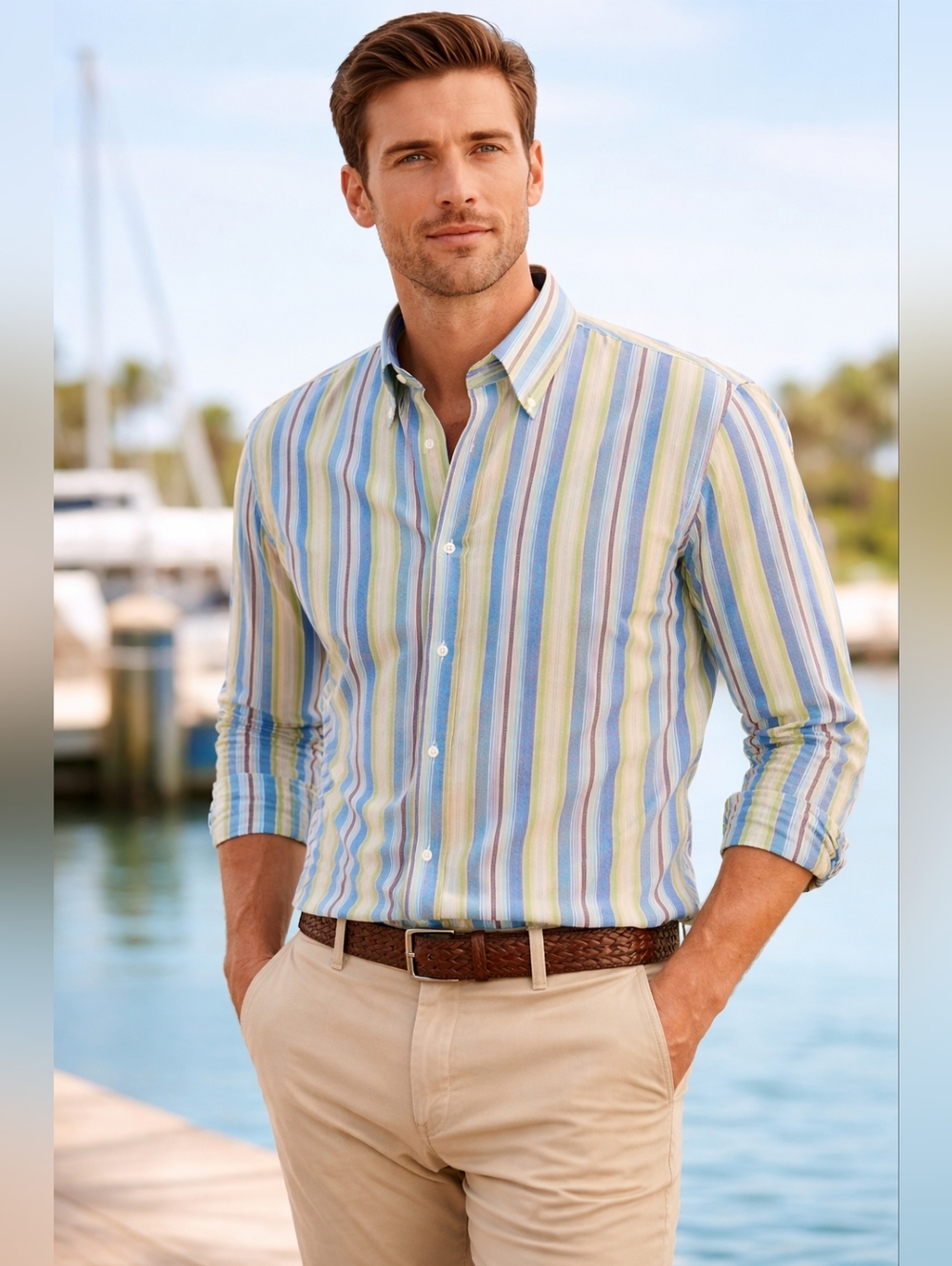 Tommy Hilfiger Men’s Medium Button Down Shirt Blue Yellow Stripe Long Sleeve